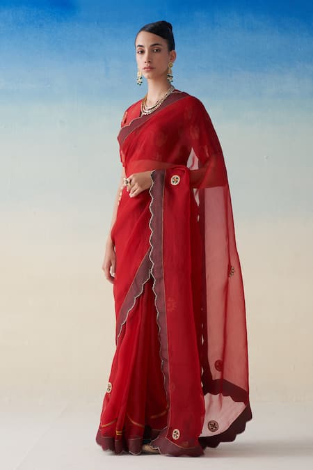 Buy_Janki India_Red Organza, Cotton Embroidery Hand Saree Set _Online_at_Aza_Fashions