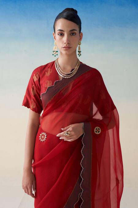 Shop_Janki India_Red Organza, Cotton Embroidery Hand Saree Set _Online_at_Aza_Fashions