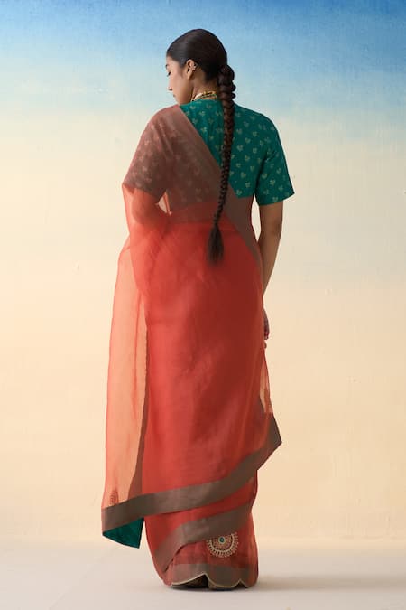 Janki India Rust Orange Hand Embroidered Saree Set 