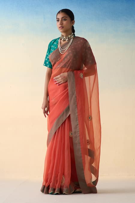 Janki India_Orange Organza, Cotton Embroidery Rust Hand Saree Set _Online_at_Aza_Fashions