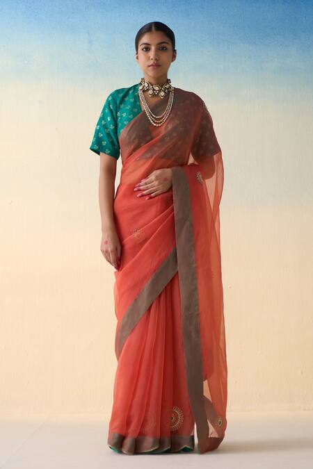 Buy_Janki India_Orange Organza, Cotton Embroidery Rust Hand Saree Set _Online_at_Aza_Fashions