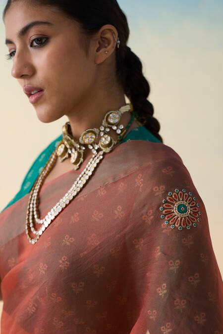 Shop_Janki India_Orange Organza, Cotton Embroidery Rust Hand Saree Set _Online_at_Aza_Fashions