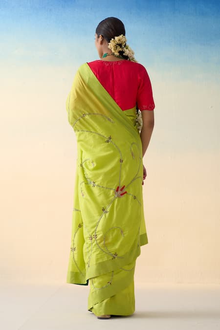 Janki India Lime Green Hand Embroidered Saree Set 