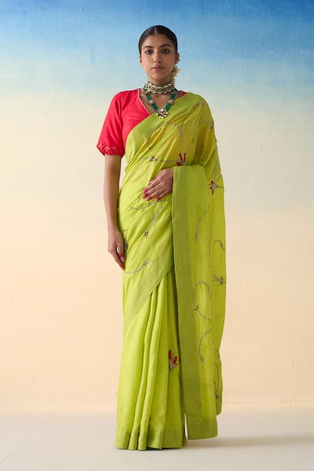 Janki India Green Silk, Cotton Embroidery Lime Hand Saree Set 