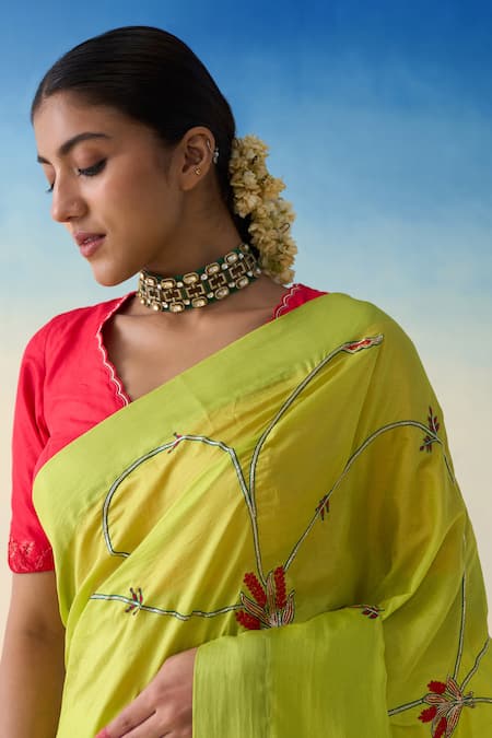 Janki India_Green Silk, Cotton Embroidery Lime Hand Saree Set _Online_at_Aza_Fashions