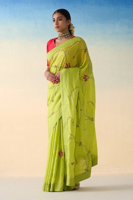 Buy_Janki India_Green Silk, Cotton Embroidery Lime Hand Saree Set _Online_at_Aza_Fashions