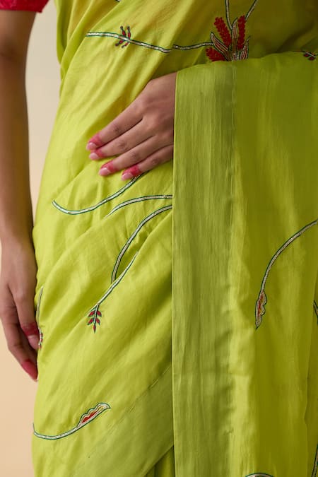 Shop_Janki India_Green Silk, Cotton Embroidery Lime Hand Saree Set _Online_at_Aza_Fashions
