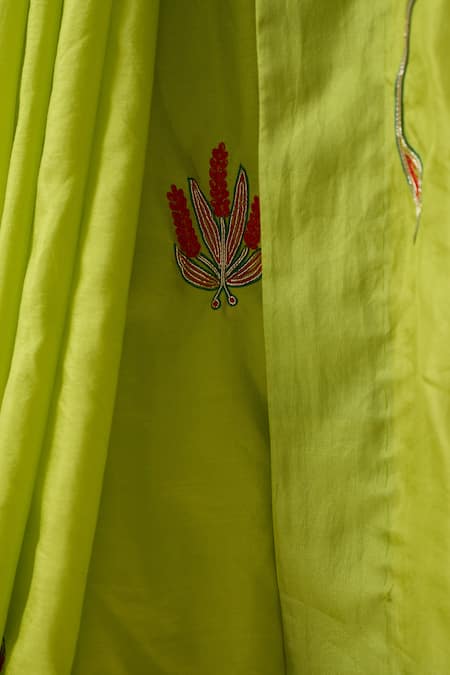 Janki India_Green Silk, Cotton Embroidery Lime Hand Saree Set _at_Aza_Fashions
