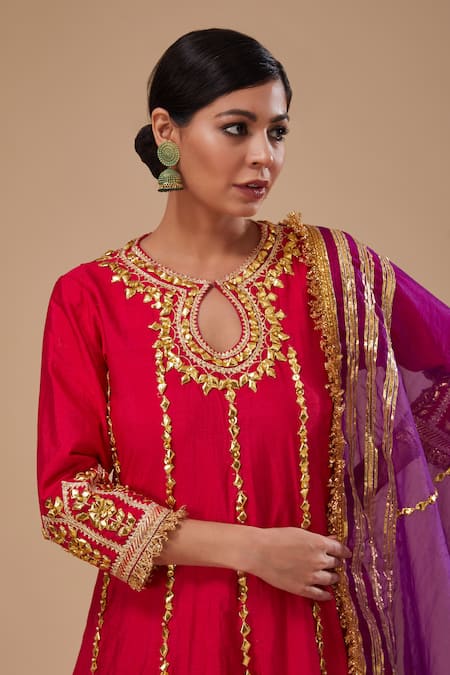 Buy_Preeti S Kapoor_Fuchsia Organza Gota Patti, Sequins Keyhole Neck Long Anarkali Set _Online_at_Aza_Fashions