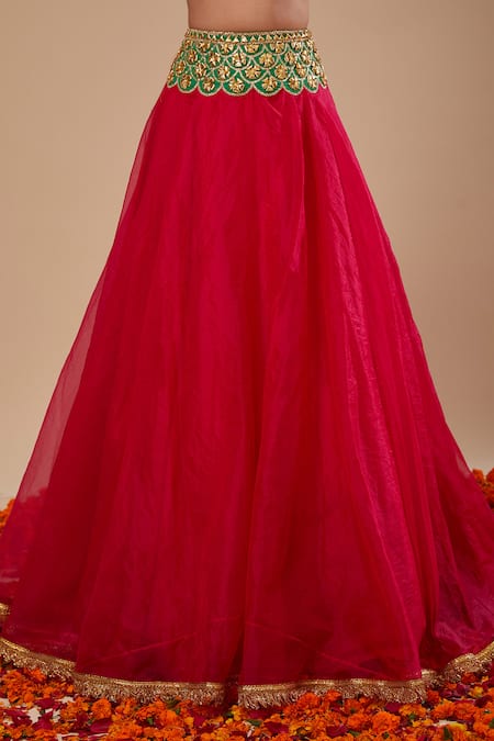 Preeti S Kapoor_Fuchsia Organza Gota Patti, Sequins Round Neck Designer Lehenga Set _Online_at_Aza_Fashions