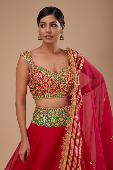 Buy_Preeti S Kapoor_Fuchsia Organza Gota Patti, Sequins Round Neck Designer Lehenga Set _Online_at_Aza_Fashions