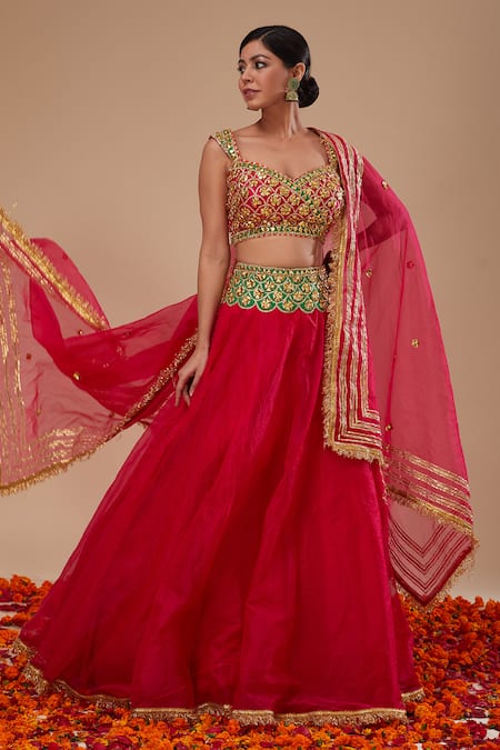 Preeti S Kapoor Fuchsia Organza Gota Patti, Sequins Round Neck Designer Lehenga Set 