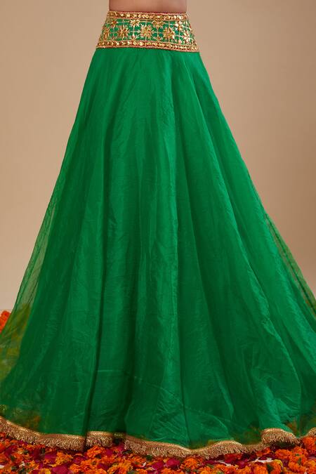 Preeti S Kapoor Green Organza Tassels, Gota Patti, Lace Round Neck Blouse And Lehenga Set Online at Aza Fashions Preeti S Kapoor_Green Organza Tassels, Gota Patti, Lace Round Neck Blouse And Lehenga Set _Online_at_Aza_Fashions