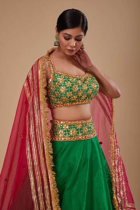 Buy Preeti S Kapoor Green Organza Tassels, Gota Patti, Lace Round Neck Blouse And Lehenga Set Online at Aza Fashions Buy_Preeti S Kapoor_Green Organza Tassels, Gota Patti, Lace Round Neck Blouse And Lehenga Set _Online_at_Aza_Fashions