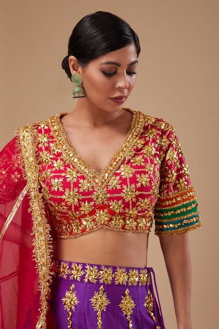 Preeti S Kapoor_Fuchsia Organza Gota Patti, Sequins Multicolor Blouse And Purple Lehenga Set _Online_at_Aza_Fashions