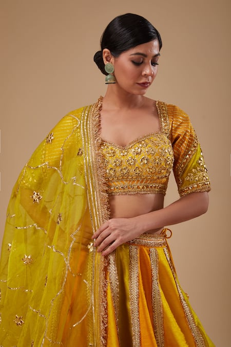 Preeti S Kapoor Mustard Silk, Organza Gota Patti Round Neck Yellow Blouse And Lehenga Set Online at Aza Fashions Preeti S Kapoor_Mustard Silk, Organza Gota Patti Round Neck Yellow Blouse And Lehenga Set _Online_at_Aza_Fashions
