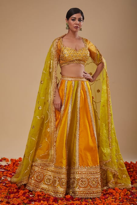 Preeti S Kapoor Mustard Silk, Organza Gota Patti Round Neck Yellow Blouse And Lehenga Set 