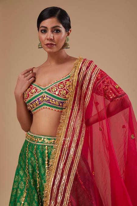 Preeti S Kapoor_Multi Color Organza Embroidery, Gota Patti Multicolor Blouse And Green Lehenga Set _Online_at_Aza_Fashions