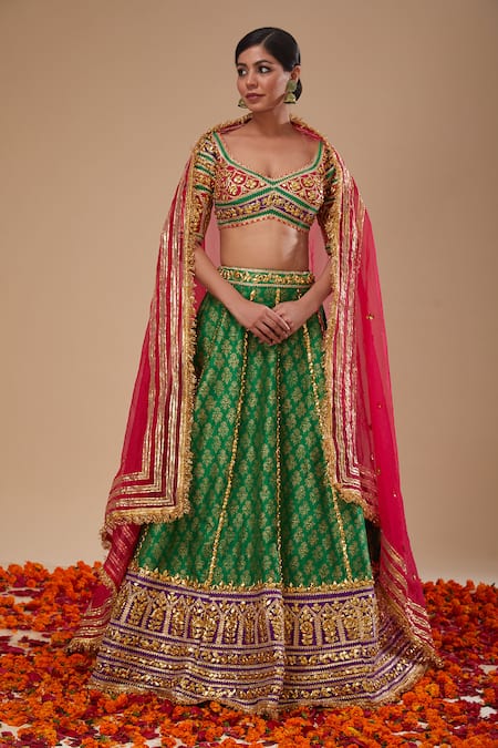 Preeti S Kapoor Multi Color Organza Embroidery, Gota Patti Multicolor Blouse And Green Lehenga Set 