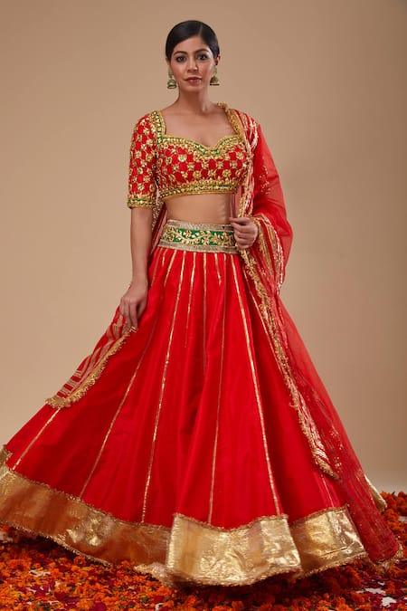 Preeti S Kapoor Red Organza Sequins, Embroidery, Gota Patti Round Neck Work Lehenga Set 