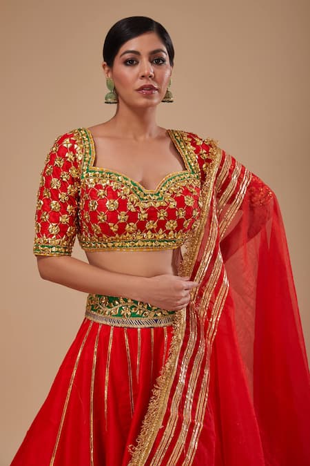 Buy_Preeti S Kapoor_Red Organza Sequins, Embroidery, Gota Patti Round Neck Work Lehenga Set _Online_at_Aza_Fashions