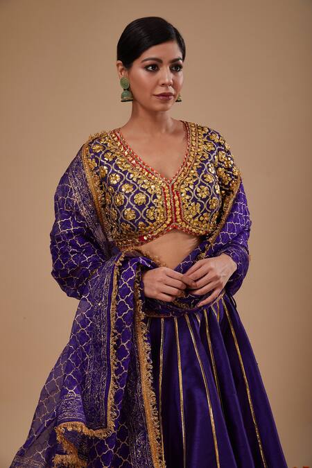 Preeti S Kapoor Blue Organza Embroidery, Gota Patti Round Neck Designer Lehenga Set Online at Aza Fashions Preeti S Kapoor_Blue Organza Embroidery, Gota Patti Round Neck Designer Lehenga Set _Online_at_Aza_Fashions