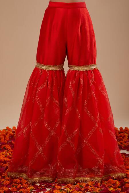 Buy_Preeti S Kapoor_Red Organza Embroidery Keyhole Neck Kurta Set _Online_at_Aza_Fashions