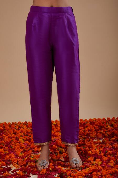 Preeti S Kapoor_Purple Doriya, Organza Embroidery Round Neck Kurta With Block Print Gharara Set _Online_at_Aza_Fashions