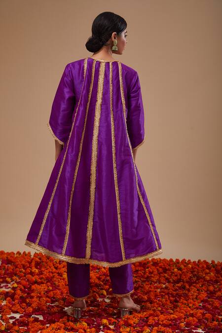 Buy_Preeti S Kapoor_Purple Doriya, Organza Embroidery Round Neck Kurta With Block Print Gharara Set _Online_at_Aza_Fashions