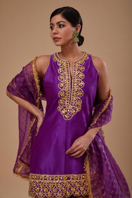 Shop_Preeti S Kapoor_Purple Doriya, Organza Embroidery Round Neck Kurta With Block Print Gharara Set _Online_at_Aza_Fashions