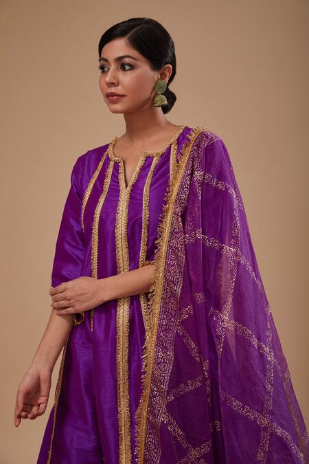 Buy_Preeti S Kapoor_Purple Doriya, Organza Embroidery Round Neck Kurta With Block Print Gharara Set 
