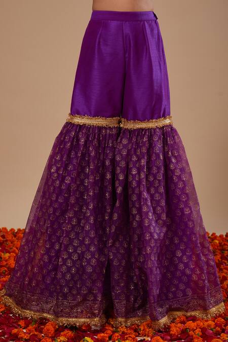 Shop_Preeti S Kapoor_Purple Doriya, Organza Embroidery Round Neck Kurta With Block Print Gharara Set 