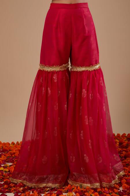 Preeti S Kapoor_Fuchsia Dupion, Organza Embroidery Round Neck Kurta Set _Online_at_Aza_Fashions