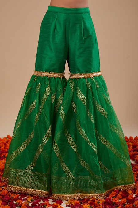 Preeti S Kapoor_Green Dupion, Organza Embroidery, Beads, Zari V-neck Kurta And Gharara Set _Online_at_Aza_Fashions