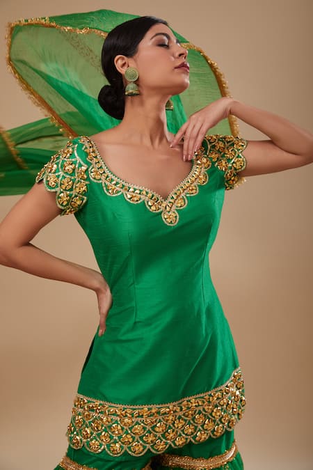 Buy_Preeti S Kapoor_Green Dupion, Organza Embroidery, Beads, Zari V-neck Kurta And Gharara Set _Online_at_Aza_Fashions