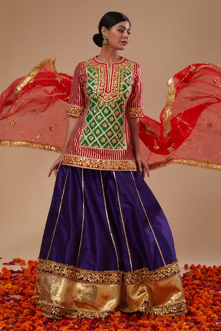 Preeti S Kapoor Fuchsia Dupion, Organza Embroidery, Gota Patti Round Kurta And Purple Lehenga Set 