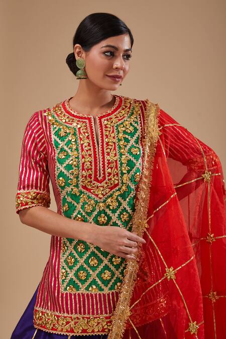 Buy_Preeti S Kapoor_Fuchsia Dupion, Organza Embroidery, Gota Patti Round Kurta And Purple Lehenga Set _Online_at_Aza_Fashions