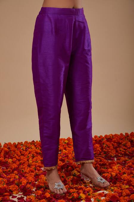 Preeti S Kapoor_Purple Dupion, Organza Sequins, Gota Patti Round Neck Straight Kurta Pant Set _Online_at_Aza_Fashions