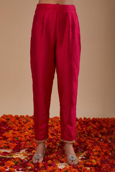 Preeti S Kapoor_Fuchsia Dupion, Organza Embroidery Round Neck Straight Kurta Pant Set _Online_at_Aza_Fashions