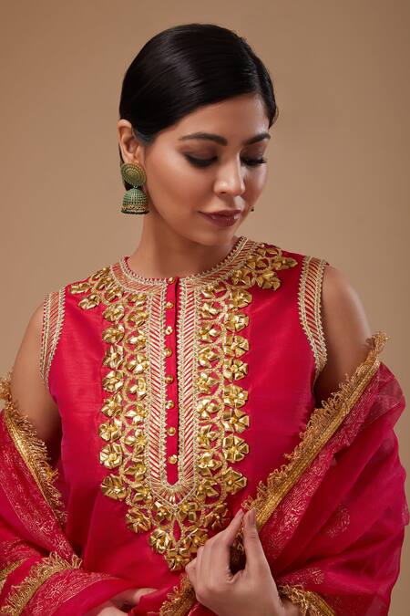 Buy_Preeti S Kapoor_Fuchsia Dupion, Organza Embroidery Round Neck Straight Kurta Pant Set _Online_at_Aza_Fashions