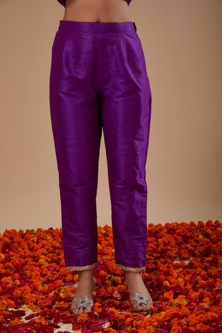 Preeti S Kapoor_Purple Dupion, Organza Embroidery Round Neck Anarkali Set _Online_at_Aza_Fashions