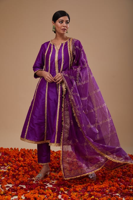 Preeti S Kapoor Purple Dupion, Organza Embroidery Round Neck Anarkali Set