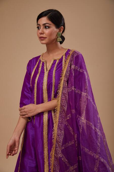 Buy_Preeti S Kapoor_Purple Dupion, Organza Embroidery Round Neck Anarkali Set _Online_at_Aza_Fashions