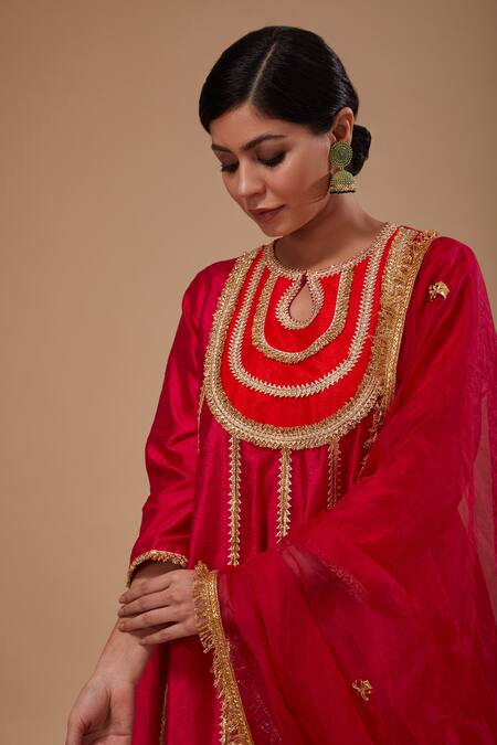 Buy_Preeti S Kapoor_Fuchsia Dupion, Organza Gota Patti, Lace Keyhole Neck Anarkali Set _Online_at_Aza_Fashions