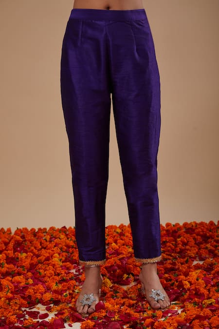 Preeti S Kapoor_Blue Organza, Dupion Lace, Embroidery V-neck Midnight Anarkali Set _Online_at_Aza_Fashions