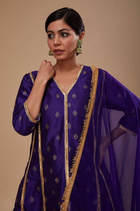 Buy_Preeti S Kapoor_Blue Organza, Dupion Lace, Embroidery V-neck Midnight Anarkali Set _Online_at_Aza_Fashions