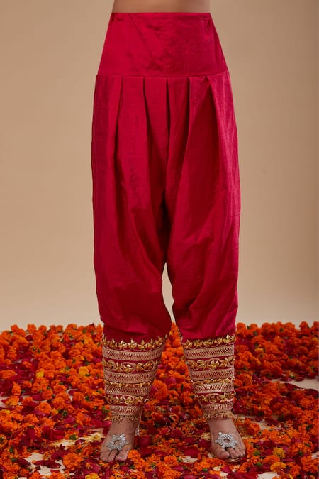 Buy_Preeti S Kapoor_Red Dupion, Organza Gota Patti, Sequins, Lace Keyhole Kurta Fuchsia Salwar Set _Online_at_Aza_Fashions