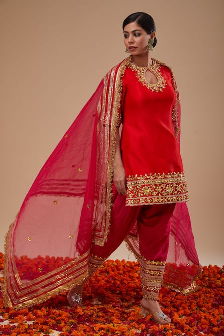 Preeti S Kapoor Red Dupion, Organza Gota Patti, Sequins, Lace Keyhole Kurta Fuchsia Salwar Set 