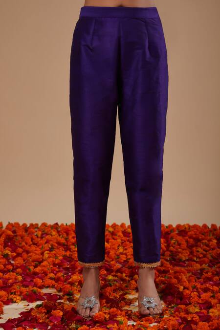 Preeti S Kapoor_Blue Dupion, Organza Gota Patti, Sequins Square Neck Straight Kurta Pant Set _Online_at_Aza_Fashions