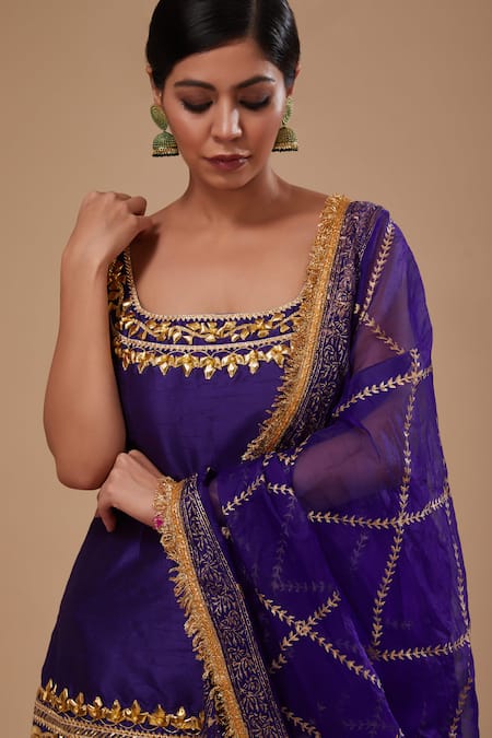 Buy_Preeti S Kapoor_Blue Dupion, Organza Gota Patti, Sequins Square Neck Straight Kurta Pant Set _Online_at_Aza_Fashions